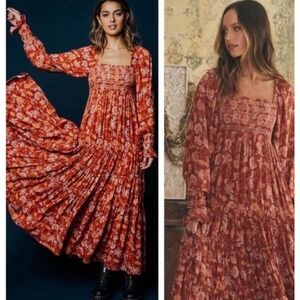 Free People Sweet Escape Maxi Dress Mocha Combo Floral Smocked Boho‎ Medium